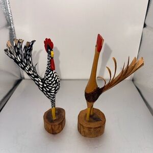 Handcrafted Wooden Rooster and Hen Figurines